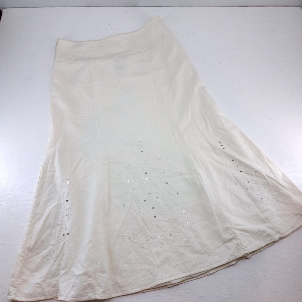 Hillard & Hanson Size 12 | Ivory Embroidered Linen Blend Sequin Maxi Skirt